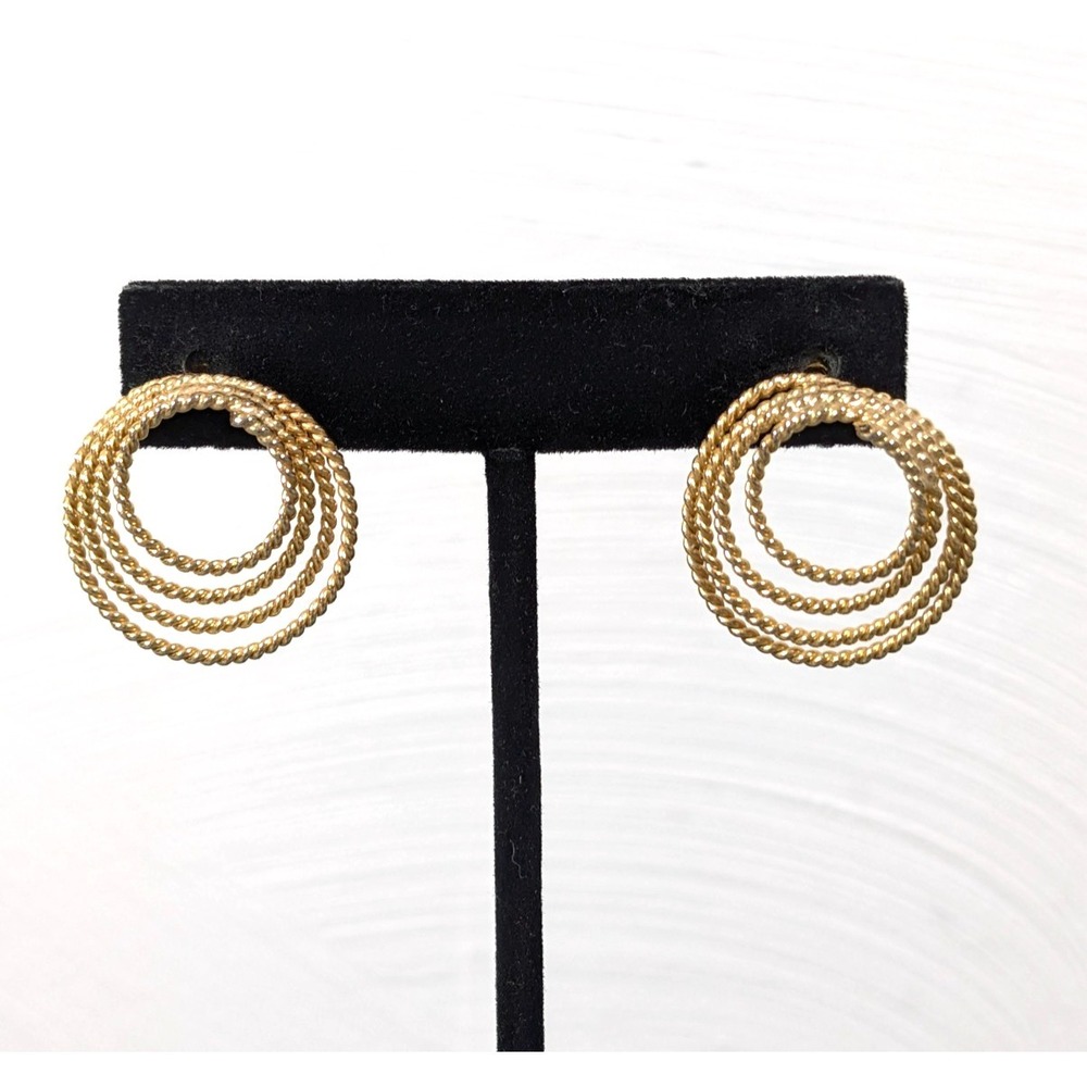 Vintage Gold‎ Tone Ribbed Round Circles Drop Earrings MOD MCM Classic Pierced